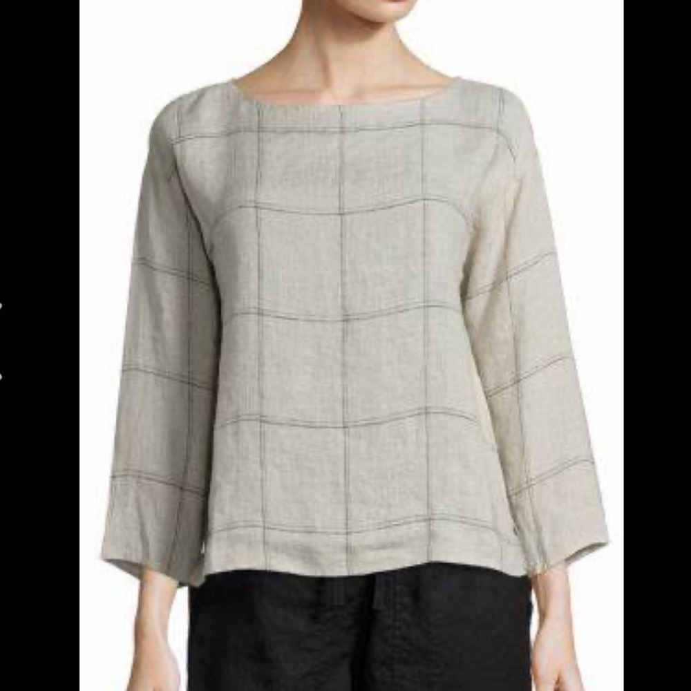 Eileen Fisher Linen windowpane Tan 3/4 Sleeve Tunic, pockets In front size lg